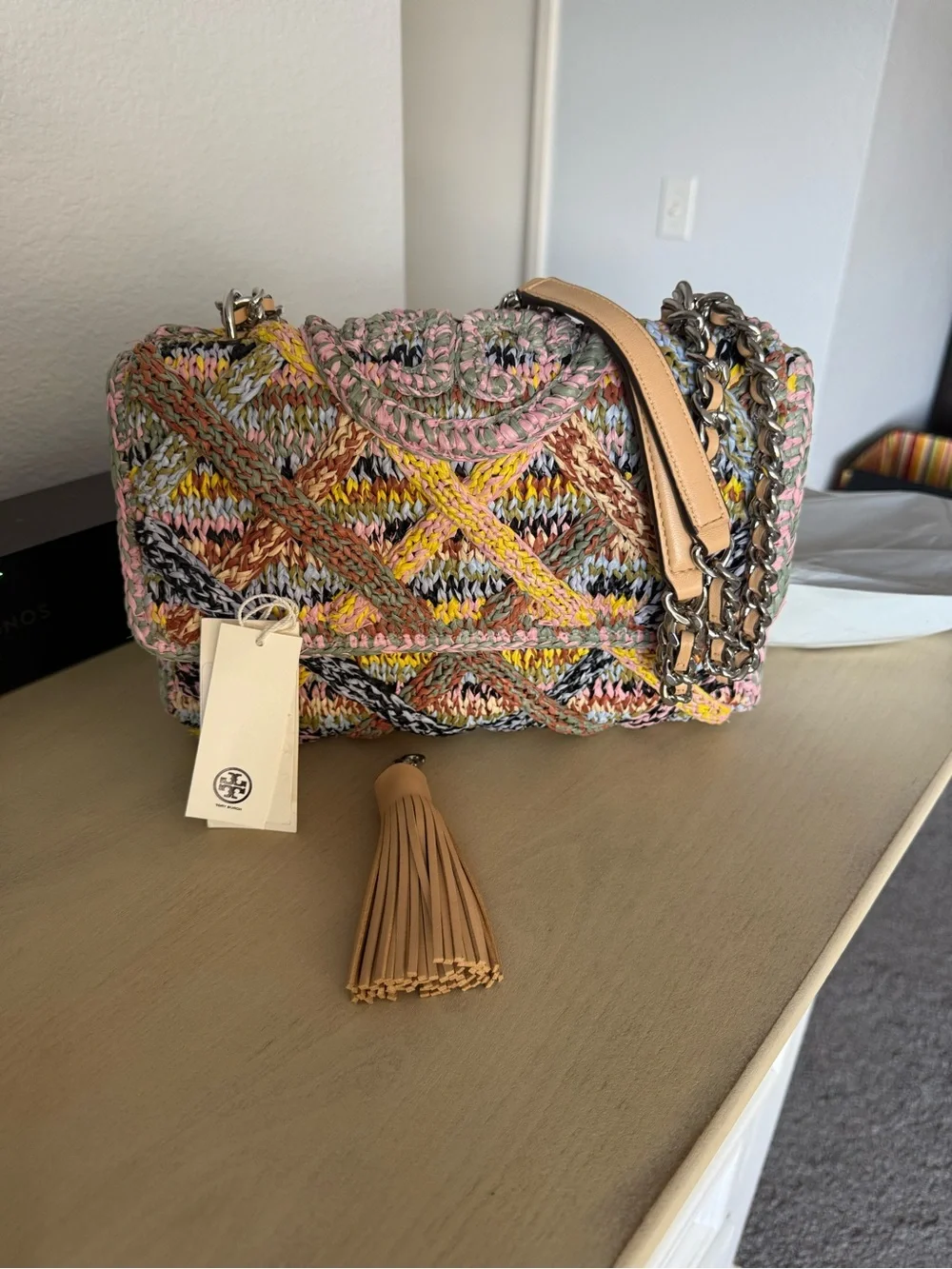 Perfect Condition Tory Burch Multicolor Raffia Crossbody with Tan Tassel